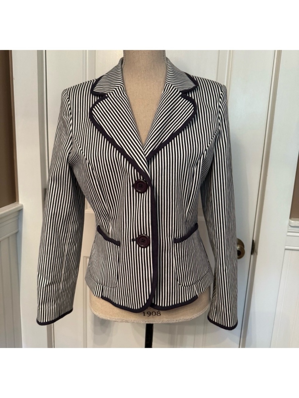 SARA CAMPBELL JACKET COAT BLAZER BLUE WHITE STRIPE STRETCH COTTON POCKETS SIZE 8